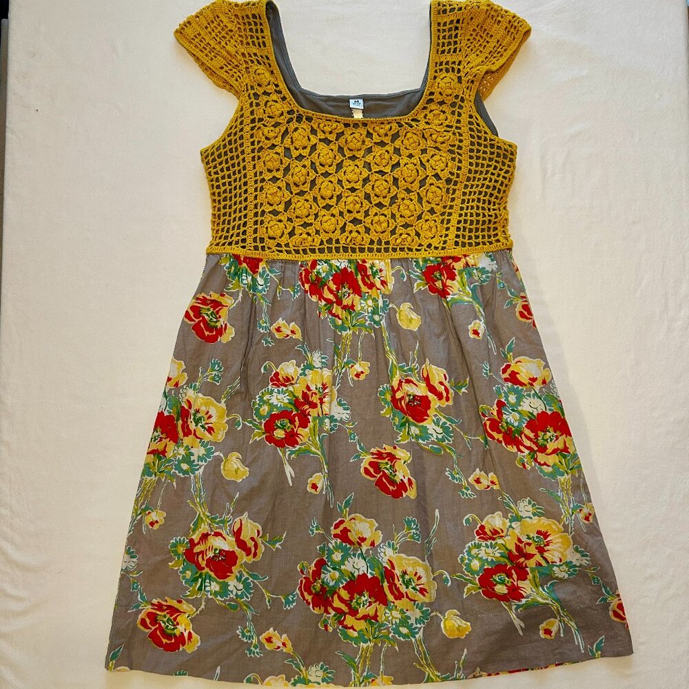 UNCLE FRANK, MUSTARD YELLOW AND GRAY, CROCHET TOP, COTTON MINI DRESS,  MED